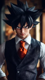 Spiky haired anime businessman in waistcoat and tie pose.