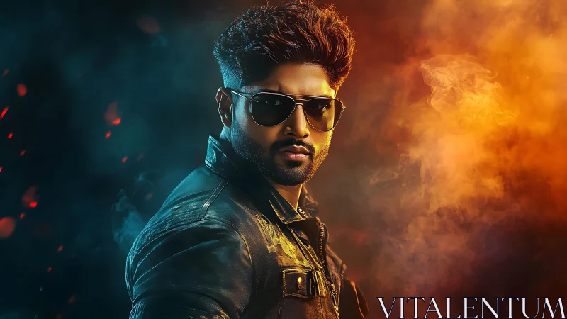 Cinematic portrait of man in leather jacket, bicolor smoke light