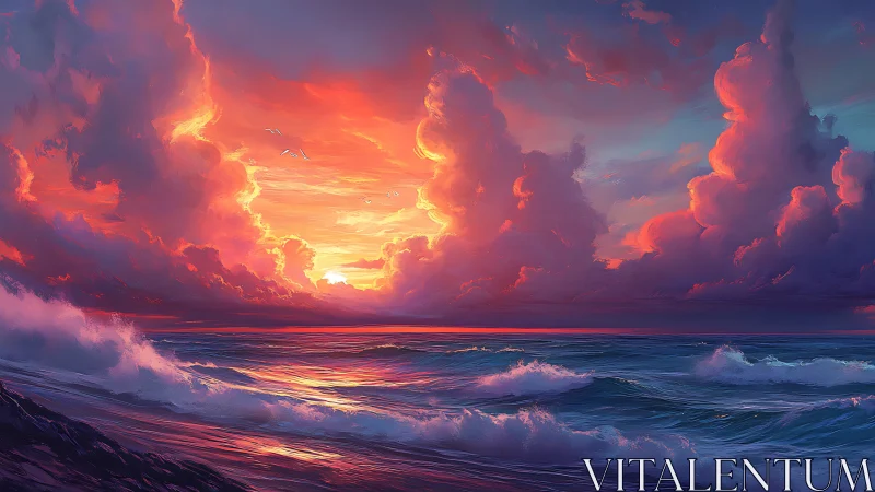 Radiant sunset clouds embrace gentle waves on a glowing sea