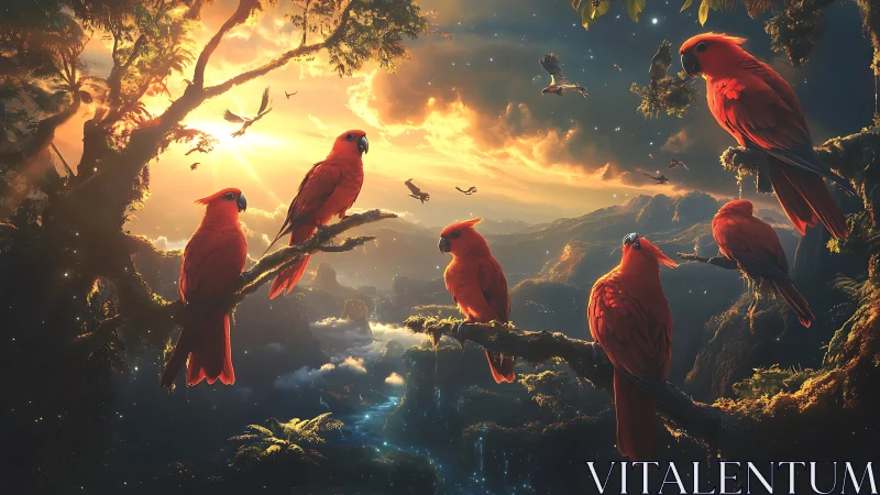 Red parrots on rainforest branches at sunset over valley.