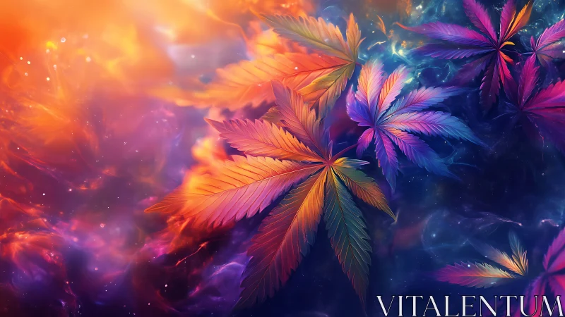 Neon cannabis leaves drift through cosmic nebula glow.