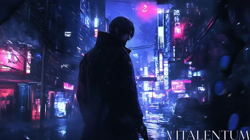 Silhouetted figure in neon lit rainy urban street at night.