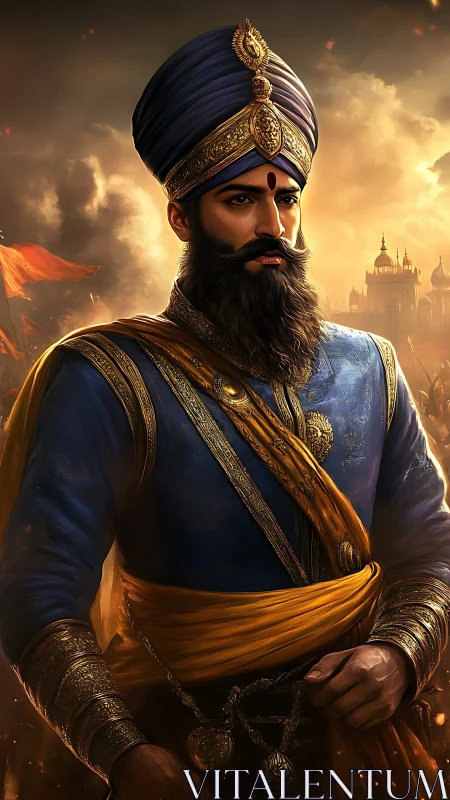 Portrait of turbaned warrior in ornate blue and gold attire.