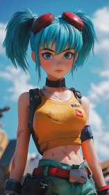 Confident blue haired mechanic stands ready under clear skies