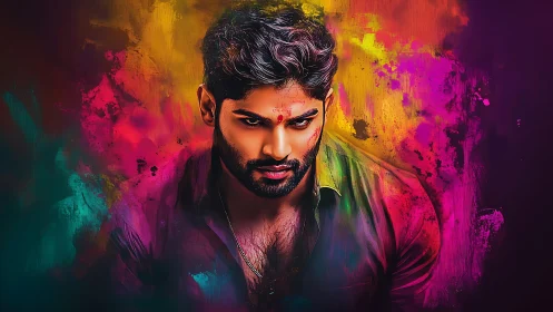 Chromatic portrait of intense male figure in digital pigment storm.