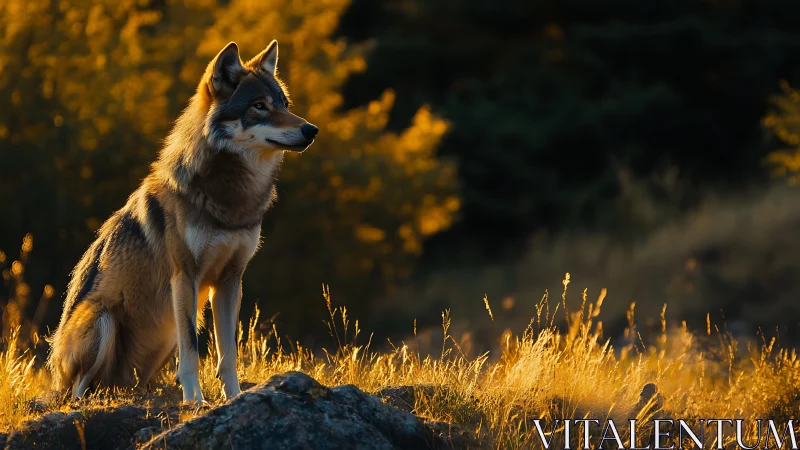 Wolf in late sunlight on grassy hillside with dark backdrop.