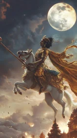 Moonlit celestial warrior riding white horse above temples.