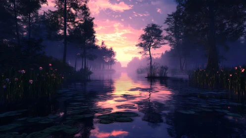 Soft dawn glow welcomes a tranquil forest lake into day