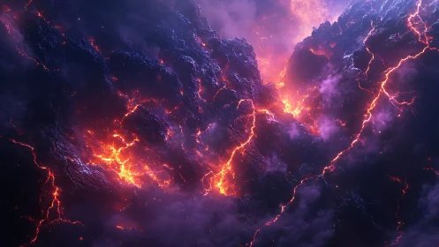 Molten volcanic landscape glowing with violent lava cracks.