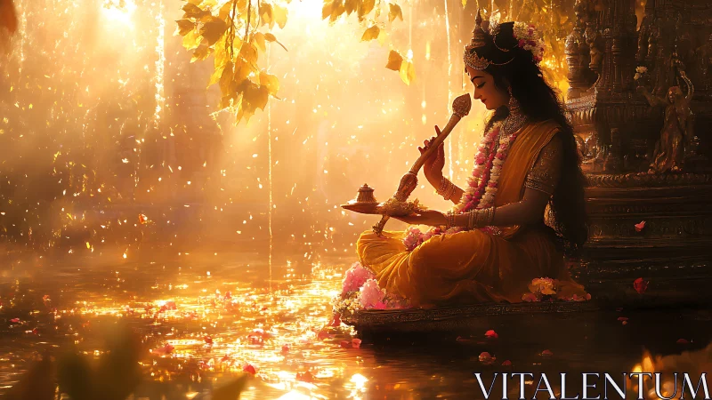 Golden river of prayer cradling a garlanded goddess glow.