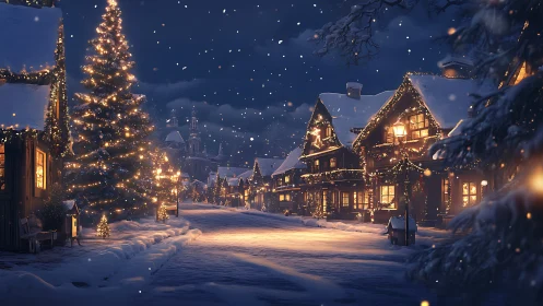 Nocturnal winter village street with illuminated festive façades.