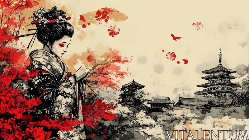 Geisha in floral kimono beside traditional pagoda scene.