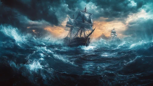 Storm-tossed tall ships chasing dawn across feral oceans.