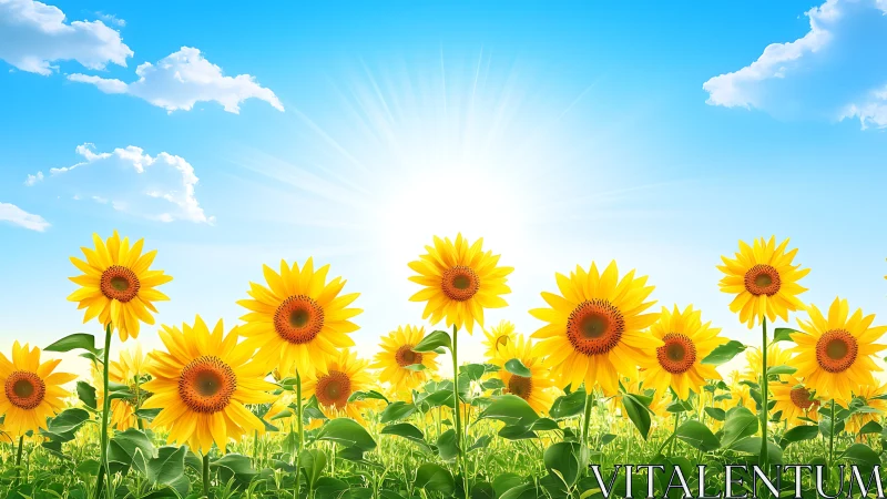 Sunflower chorus greeting a blazing blue summer sky.