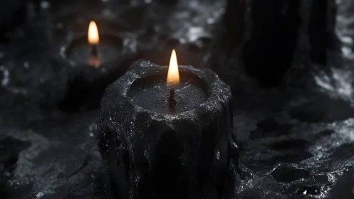 Close view of burning black candle in dark wax surface.