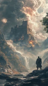 Lone wanderer confronting burning cliffside fortress at dusk.