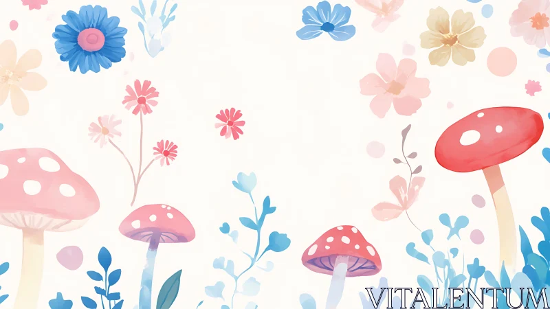 Pastel forest mushrooms sit among soft watercolor flowers