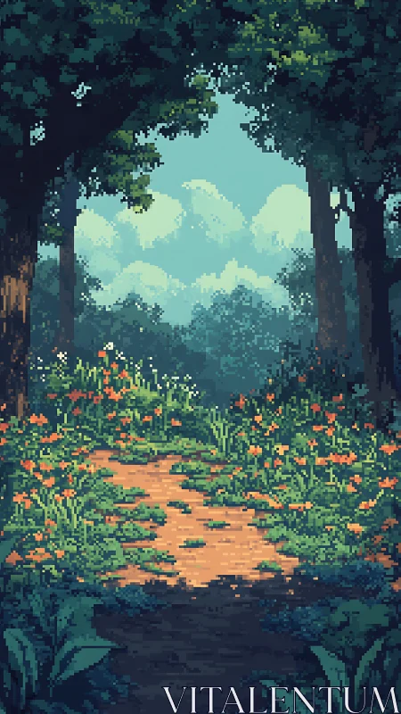 Pixelated Forest Clearing with Orange Flowers and Turquoise Sky Glimpse