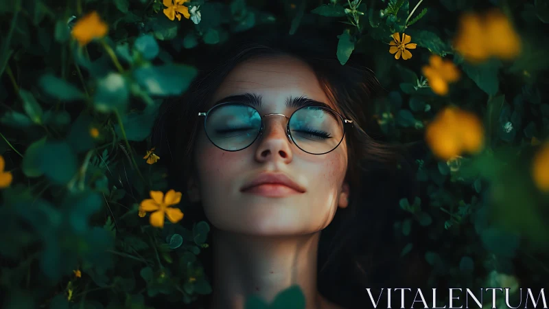 Close portrait of serene woman in glasses amid green foliage