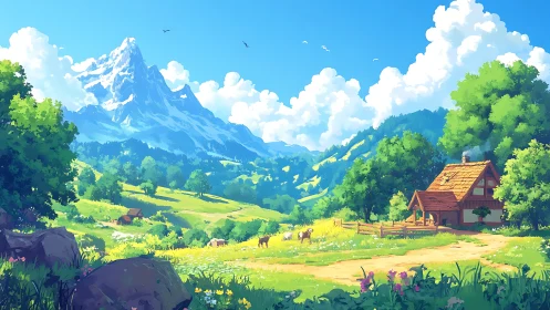 Sunny cottage valley beneath bright whispering mountains.