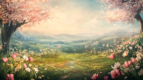 Whispering blossom gateway opening onto dreamlit valleys.