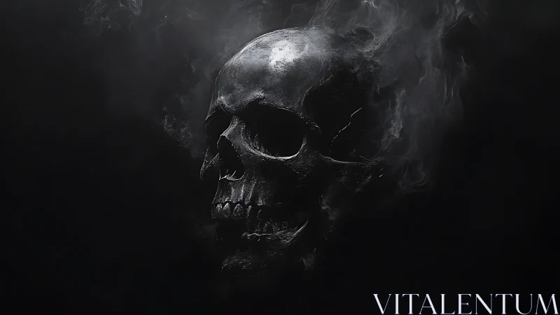 Human skull rendered in smoke and shadow on dark field.