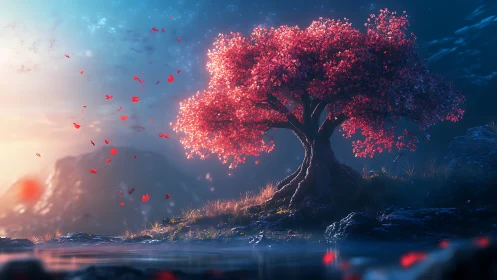 Red tree stands beside reflective water under twilight sky