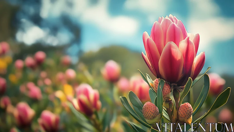 Pink Protea Flower in Full Bloom with Detailed Buds Surrounding It