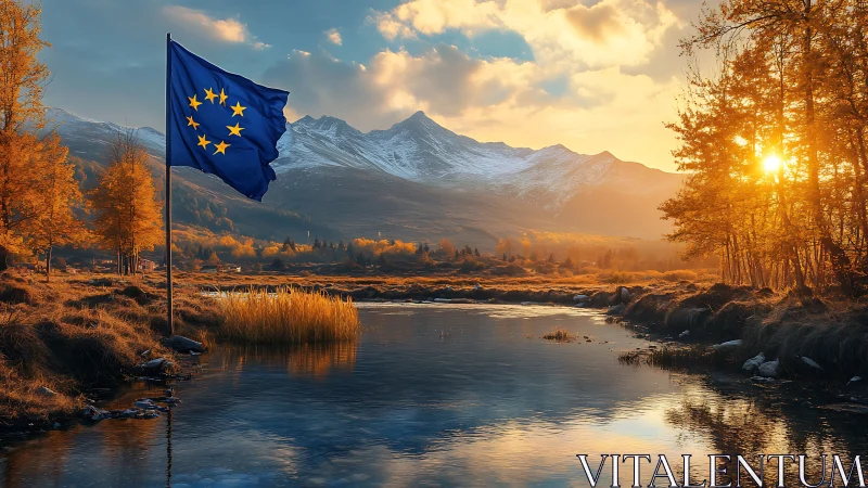European flag by river in autumn mountain landscape.