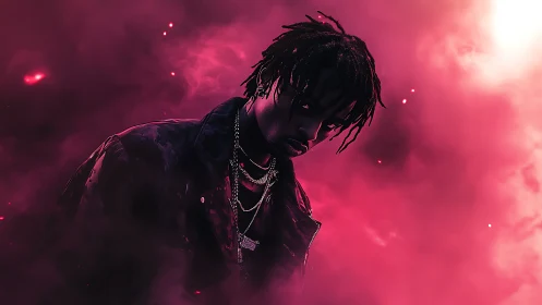 Moody street icon emerging through neon crimson smoke storm.