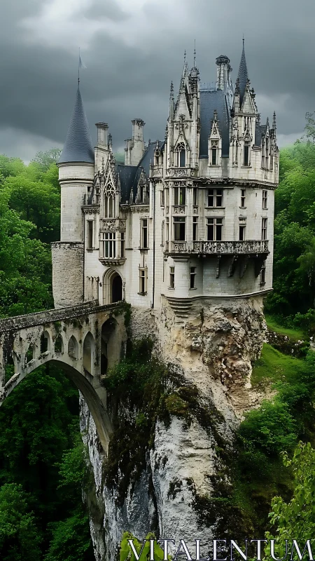 Neo-Gothic cliffside castle with arched stone bridge and forest.