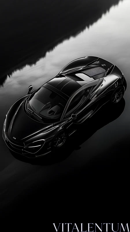 Sleek black supercar gliding through glossy night reflections.