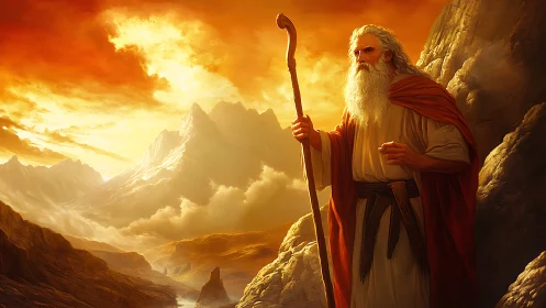 Prophetic elder with staff in incandescent alpine desert panorama.