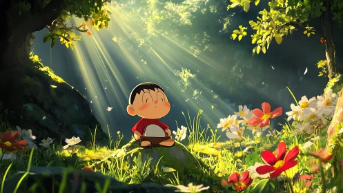Sunlit child rests quietly in a luminous forest clearing.