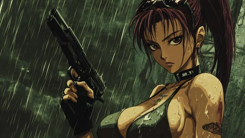 Armed female anime character in rain with handgun poised.