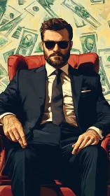 Stylized suited man in armchair framed by flying dollar bills