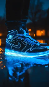 Neon blue high-top sneakers glowing over wet night street.