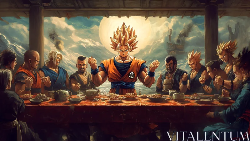 Saiyan warriors at dramatic banquet table under bright sun.