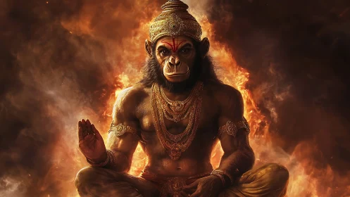 Digital painting of divine simian warrior in fiery meditation.