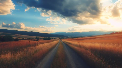 Sunlit gravel road unspools through glowing autumn fields