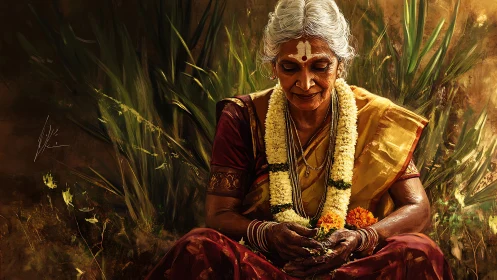 Golden quietude of an elder garlanded in marigold grace.