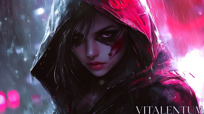 Hooded woman in neon rain with intense defiant stare.