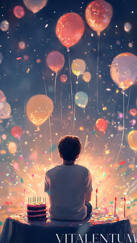 Child seated before illuminated balloons in celebration setting