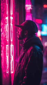 Side-lit urban portrait isolates subject in saturated neon magenta