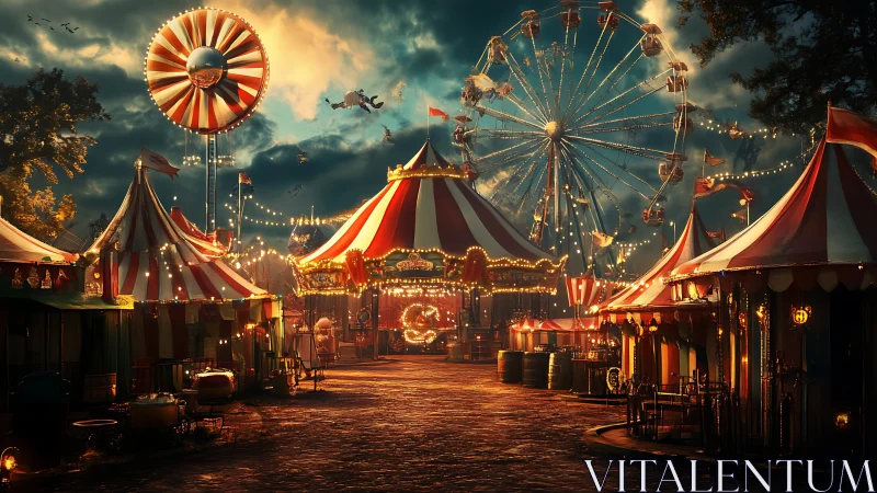 Enchanted carnival midway under stormlit twilight sky.