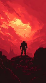 Lone armored warrior confronts a burning apocalyptic sky