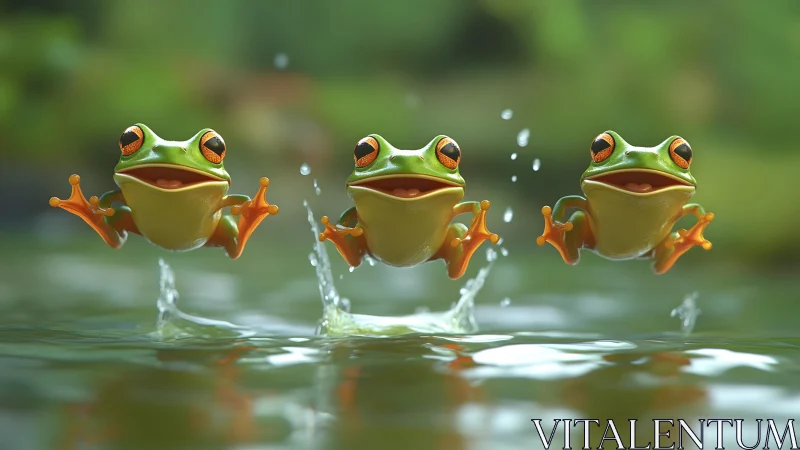 Three Cartoon Frogs Jumping Over Water in Vibrant 3D Style.
