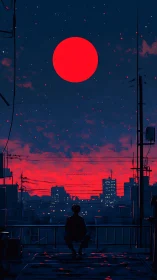 Solitary rooftop silhouette beneath neon red eclipse.