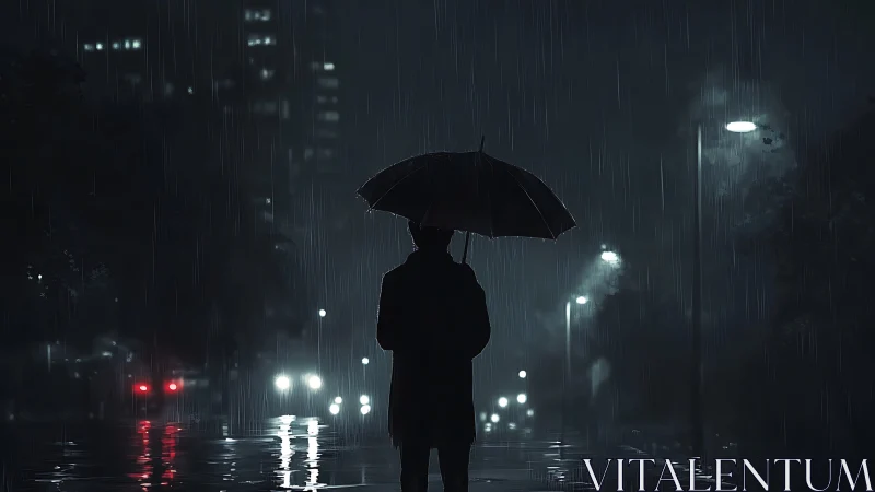 Lone figure walks under umbrella through moody city rain