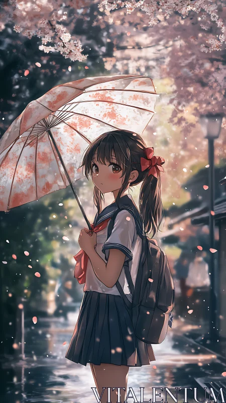 Schoolgirl under umbrella amid cherry blossom street scene.